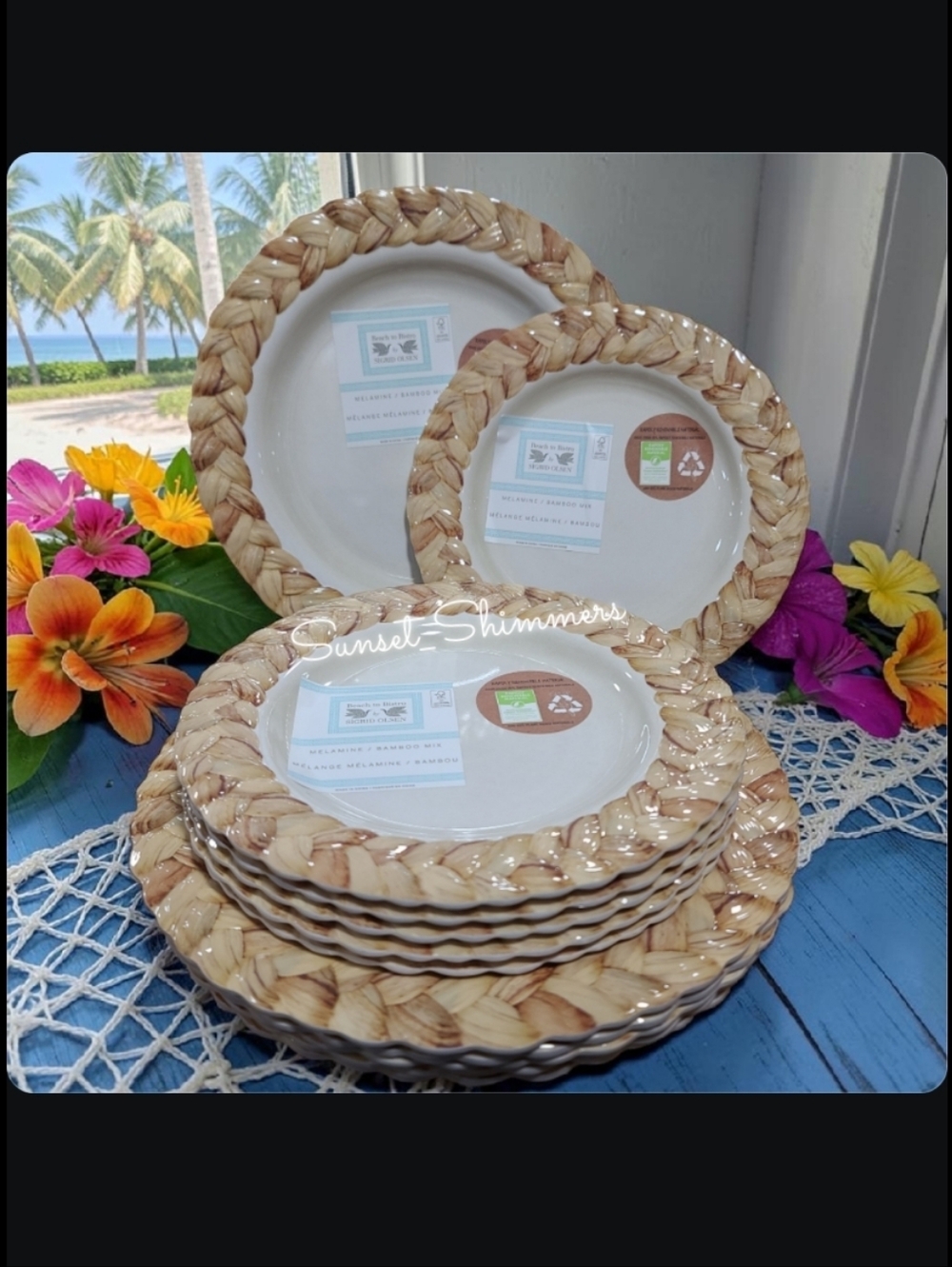 12 Braided Raffia Beach House Melamine Dinner & Salad App Dessert Plates Set New